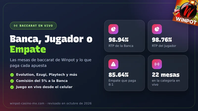 Mesa de baccarat en vivo de Winpot con crupier, fichas y cartas del Jugador y la Banca