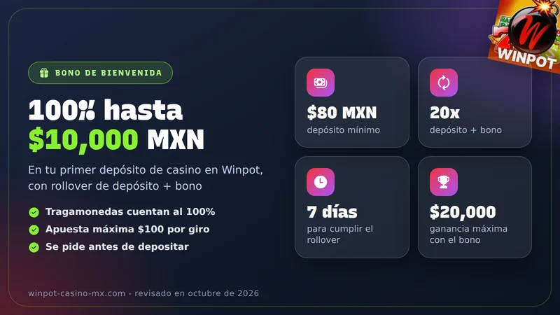 Tarjeta del bono de bienvenida de Winpot Casino: 100% hasta $10,000 MXN con rollover 20x